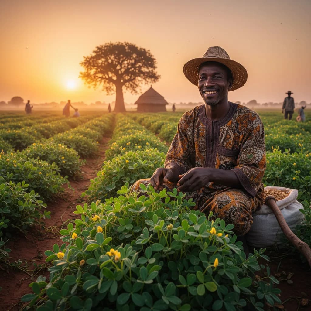 Fermier sénégalais dans son champ au coucher du soleil
