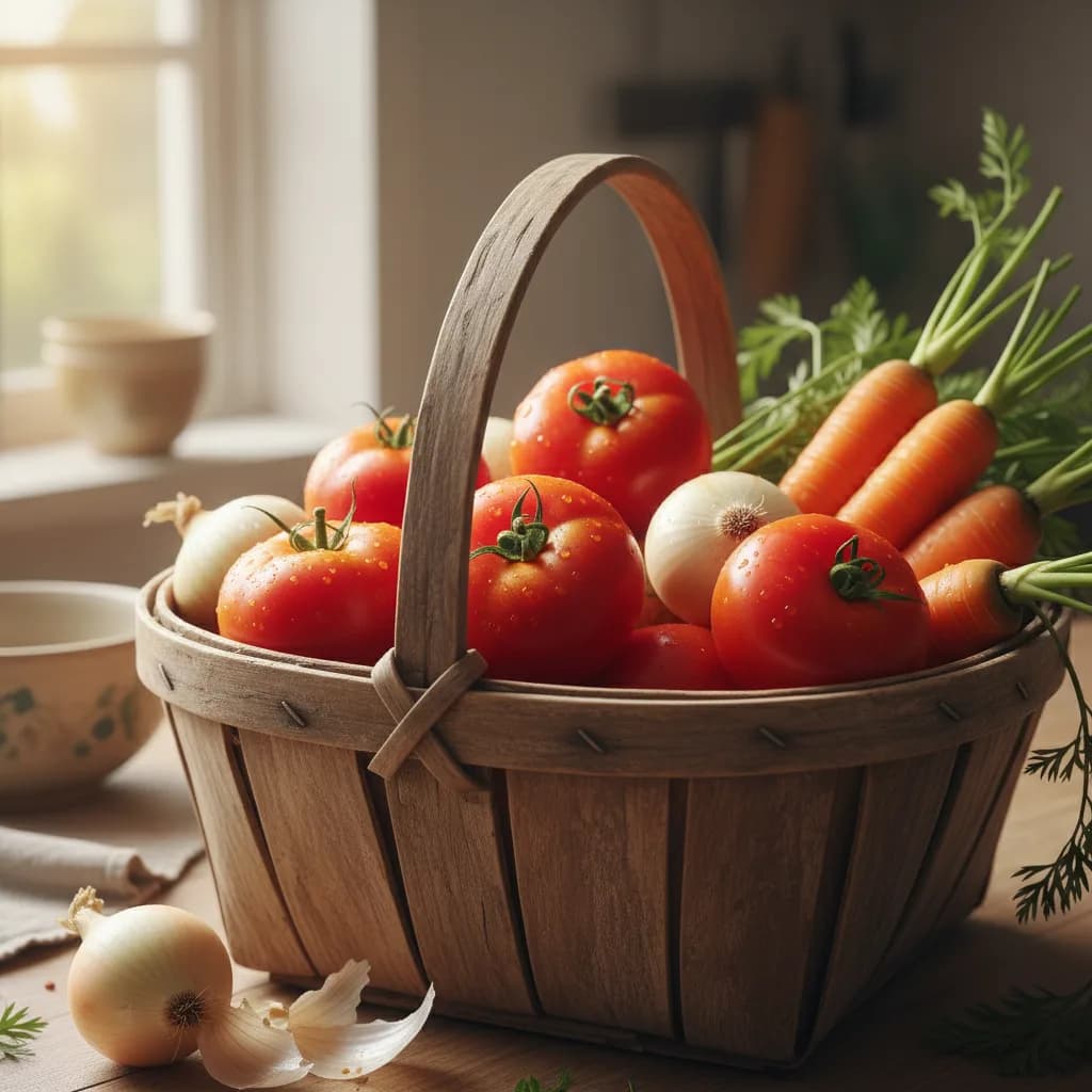 Panier de légumes frais posé sur une table de marché